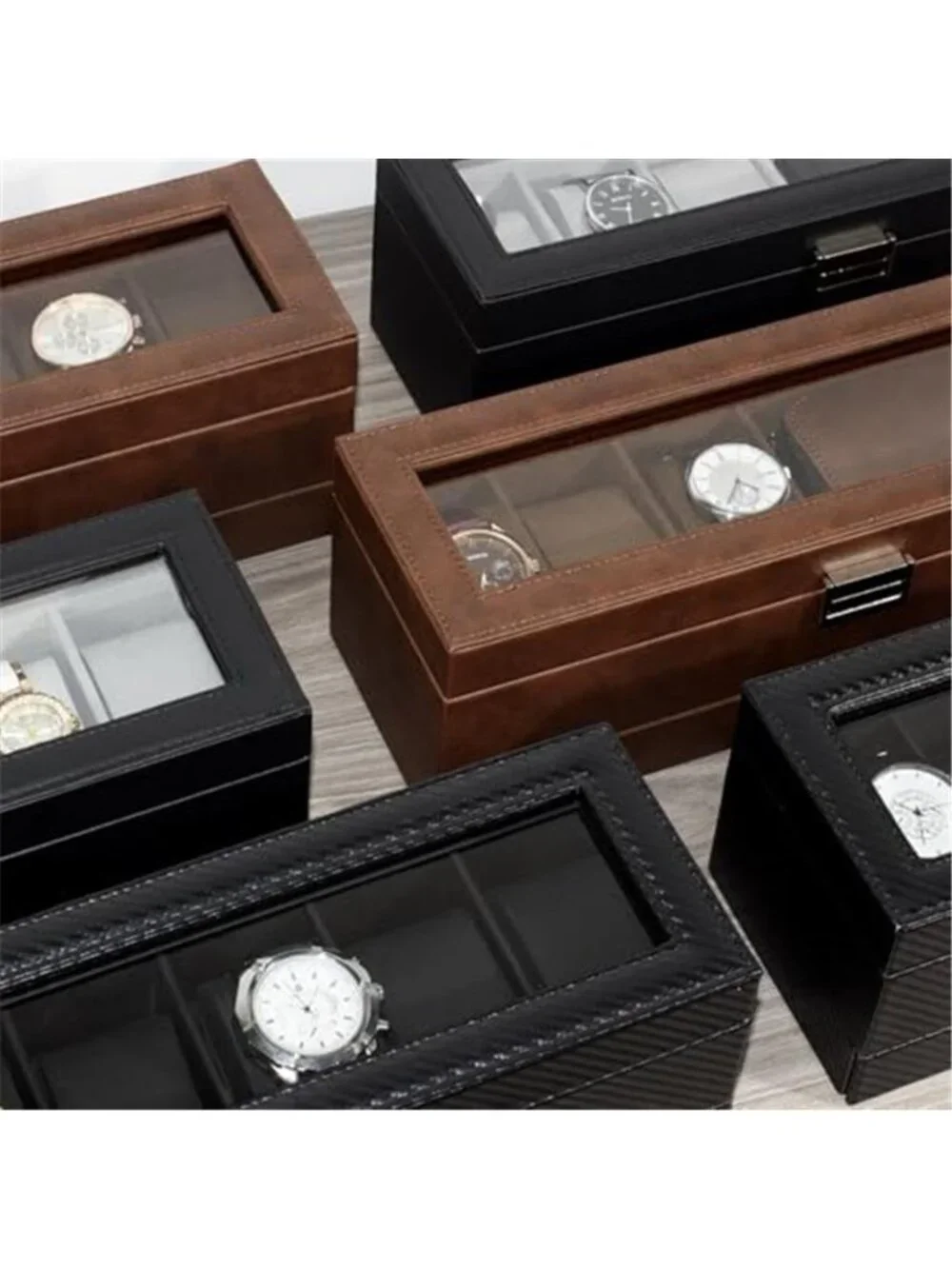 Watch Box for Men, 6 Slot Watch Case with Glass Lid Fits 48mm